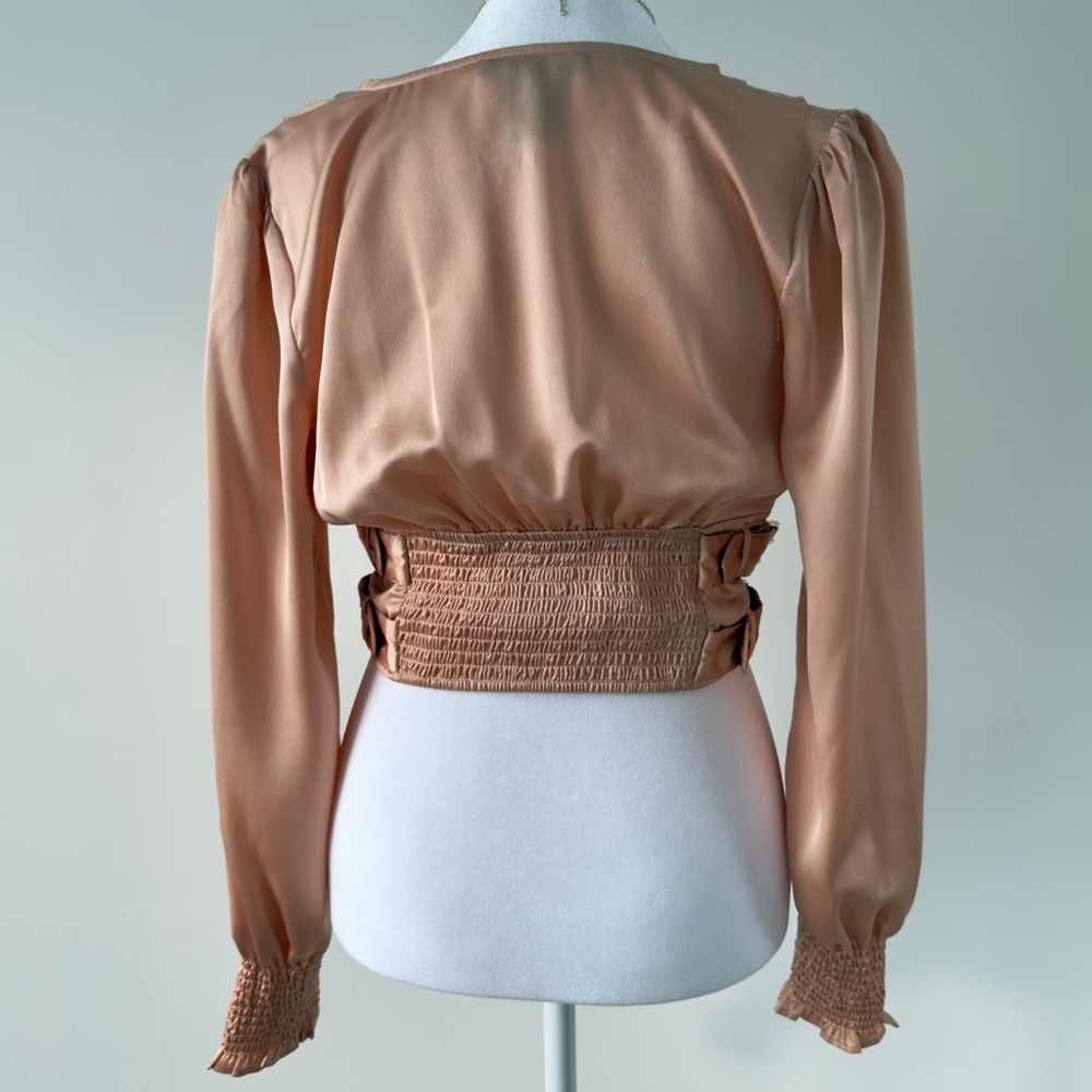 Forever 21 Rose Gold Satin Corset Top Deep V Neck Long Sleeve Buckle Blouse - Picture 6 of 7